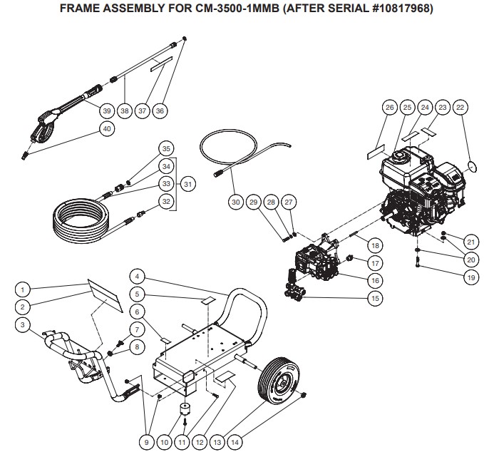 MI-T-M Cold water electric power washer model CM-3500 replacement parts and manual